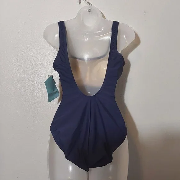 NWT Speedo One-Piece Swimsuit w Sheer Mesh Waist Insert Navy Blue - 12 - Picture 3 of 6